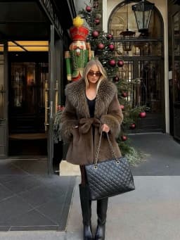 Women Winter Faux Fur Coat Fluffy Big Fur Collar Cuff Belted Brown 2026 New Elegant Old Money Luxury Outerwear