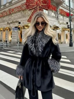 Women Winter Faux Fur Coat Fluffy Big Fur Collar Cuff Belted Brown 2026 New Elegant Old Money Luxury Outerwear
