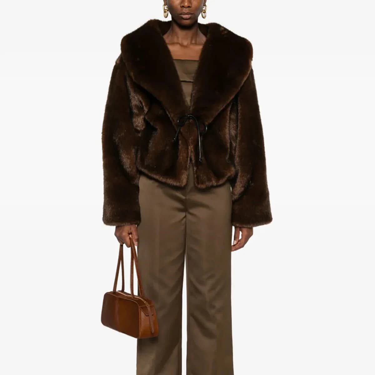 Women's Faux Fur Coat Short Plush Drawstring Deep Brown Winter Jacket Warm Thick Luxe Elegant Chic Fashion Outerwear