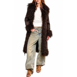 Women's Faux Suede Long Coat Belted Shaggy Faux Fur Trim Winter Warm Boho Vintage Outerwear Trendy Fashion