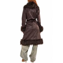 Women's Faux Suede Long Coat Belted Shaggy Faux Fur Trim Winter Warm Boho Vintage Outerwear Trendy Fashion
