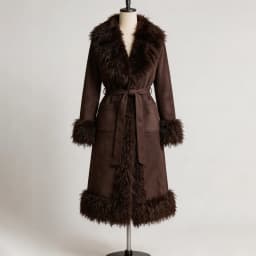 Women's Faux Suede Long Coat Belted Shaggy Faux Fur Trim Winter Warm Boho Vintage Outerwear Trendy Fashion