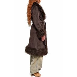 Women's Faux Suede Long Coat Belted Shaggy Faux Fur Trim Winter Warm Boho Vintage Outerwear Trendy Fashion