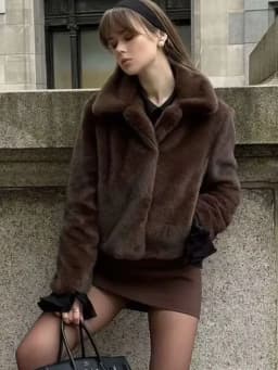 HH Winter Women's Fashion Faux Fur Warm Coats Solid Long Sleeves Lapel Single Breasted Pockets Chic Coat Vintage Outerwear