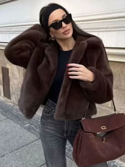 HH Winter Women's Fashion Faux Fur Warm Coats Solid Long Sleeves Lapel Single Breasted Pockets Chic Coat Vintage Outerwear