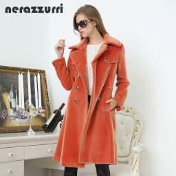 Nerazzurri Spring Long Trench Coat for Women Fashion Autumn Double Breasted Casual Slim British Style Orange Faux Fur Overcoat