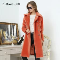 Nerazzurri Spring Long Trench Coat for Women Fashion Autumn Double Breasted Casual Slim British Style Orange Faux Fur Overcoat