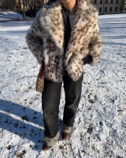 LIMO Ladies Leopard Faux Fur Jacket Turn‑Down Collar Open Front Casual Loose Fit Fashion Plush Outer Coat