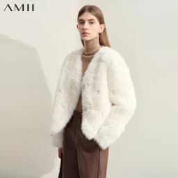 AMII Minimalist 2026 Winter New Women's Commuter V-neck Handmade Beaded Imitation Mink Fur Loose Warm Plush Jacket 12424021