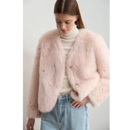 AMII Minimalist 2026 Winter New Women's Commuter V-neck Handmade Beaded Imitation Mink Fur Loose Warm Plush Jacket 12424021