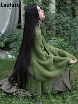 Lautaro Autumn Winter Oversized Thick Warm Green Faux Fur Coat Women with Deep V Neck Bat Sleeve Chic Luxury Fluffy Jacket 2026