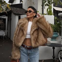 Women Winter 2026 Faux Fur Coat Camel Fluffy Plush Cropped Jacket Open Front Outwear