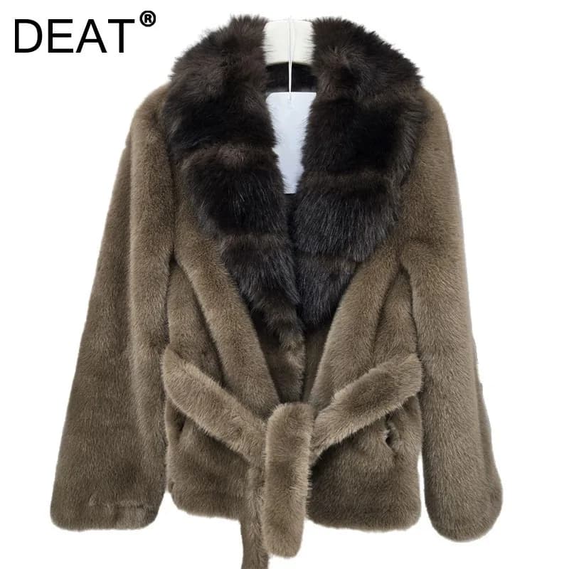 DEAT 2026 Winter Trend Style V-neck Single Breasted Faux Fur Coat With Belt For Women Contrast Color Thick Jackets 29A9574