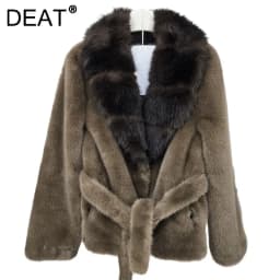 DEAT 2026 Winter Trend Style V-neck Single Breasted Faux Fur Coat With Belt For Women Contrast Color Thick Jackets 29A9574