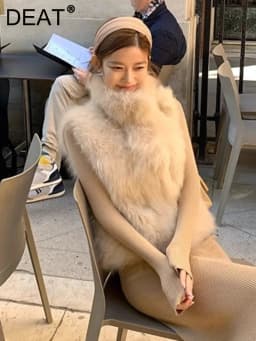 DEAT Fashion Stand Collar Sleeveless Fluffy Faux Fur Vests Women's Thick Warm Simple White Coats Autumn New 7A6164