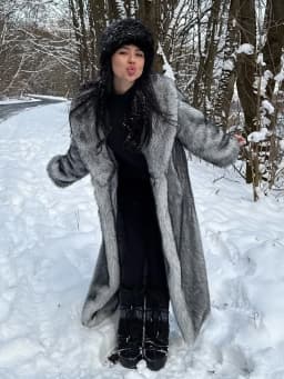 Women's Long Faux Fur Coat Silver Grey Fluffy Plush Lapel Collar Warm Thick Winter Maxi Jacket Elegant Luxe Chic
