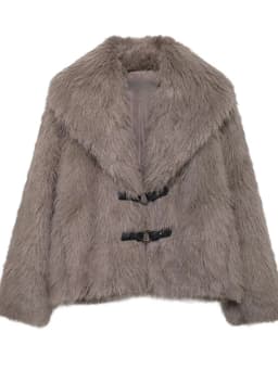 Women's Faux Fur Coat Fluffy Lapel Collar Buckle Detail Grey Short Warm Winter Jacket Elegant Luxe Chic Outerwear