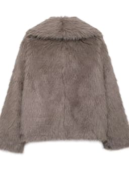 Women's Faux Fur Coat Fluffy Lapel Collar Buckle Detail Grey Short Warm Winter Jacket Elegant Luxe Chic Outerwear