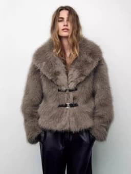 Women's Faux Fur Coat Fluffy Lapel Collar Buckle Detail Grey Short Warm Winter Jacket Elegant Luxe Chic Outerwear