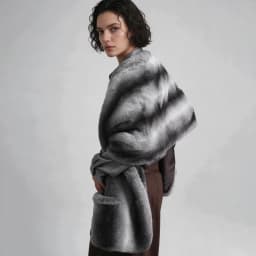 Women Grey Black Gradient Faux Fur Shawl Cape with Side Pockets, Winter Warm Elegant Bridal Evening Commuter Layering Outerwear