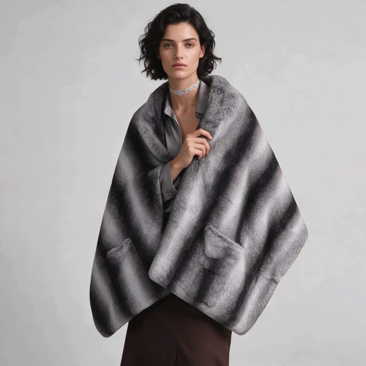 Women Grey Black Gradient Faux Fur Shawl Cape with Side Pockets, Winter Warm Elegant Bridal Evening Commuter Layering Outerwear