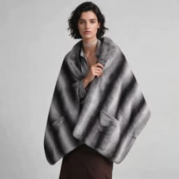 Women Grey Black Gradient Faux Fur Shawl Cape with Side Pockets, Winter Warm Elegant Bridal Evening Commuter Layering Outerwear