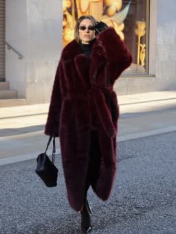 Women Winter Long Faux Fur Coat 2026 Warm Burgundy Belted Maxi Jacket Lapel Plush Overcoat Elegant Luxury Outwear