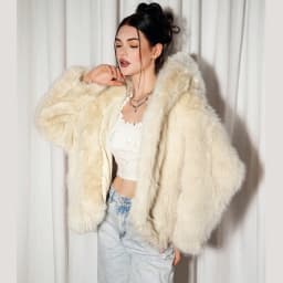 IG Women Hooded Faux Fur Short Coat, Open Front Oversized Loose Fit, Long Sleeve Winter Warm Fluffy Casual Outerwear Streetwear