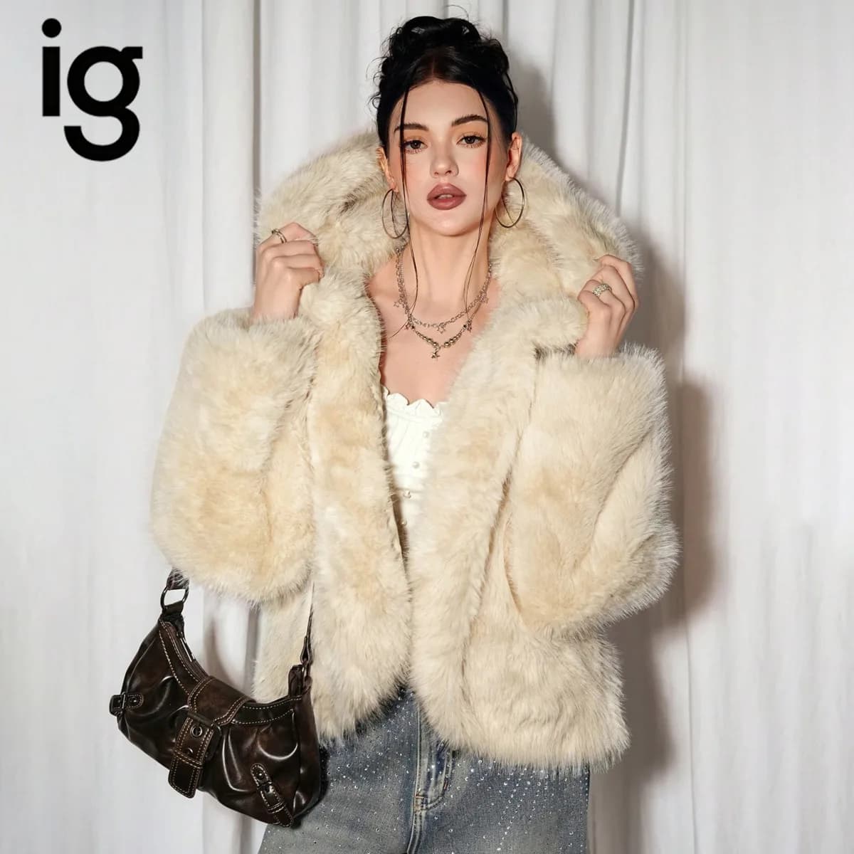 IG Women Hooded Faux Fur Short Coat, Open Front Oversized Loose Fit, Long Sleeve Winter Warm Fluffy Casual Outerwear Streetwear