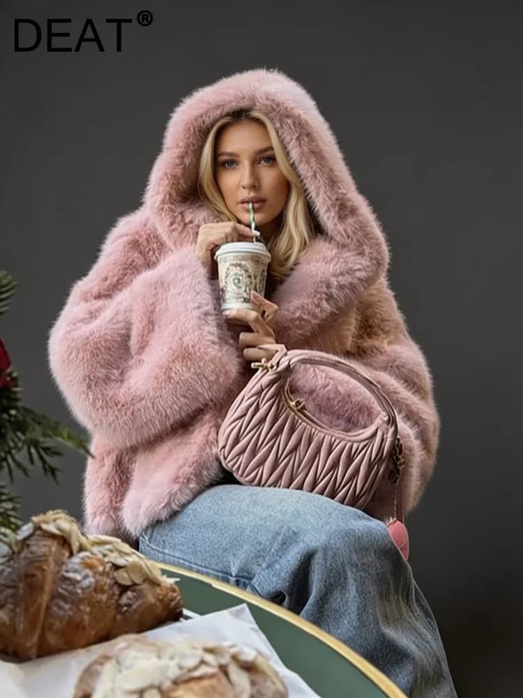 DEAT Fashion Hooded Thick Plush Faux Fox Fur Jackets Women's Long Sleeve Pink Loose Casual Coats Autumn New 7A6345