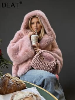 DEAT Fashion Hooded Thick Plush Faux Fox Fur Jackets Women's Long Sleeve Pink Loose Casual Coats Autumn New 7A6345