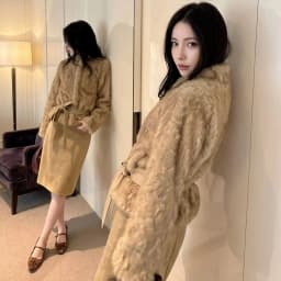 Autumn Winter Women Vintage Stand Collar Covered Buttons Faux Fur Coat Tie Bow Faux Leather Sashes Long Sleeve Warm Outerwear