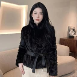 Autumn Winter Women Vintage Stand Collar Covered Buttons Faux Fur Coat Tie Bow Faux Leather Sashes Long Sleeve Warm Outerwear