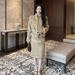 Autumn Winter Women Vintage Stand Collar Covered Buttons Faux Fur Coat Tie Bow Faux Leather Sashes Long Sleeve Warm Outerwear