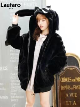 Lautaro Autumn Winter Thick Warm Sweet Cute Pink Faux Fur Coat Hoodie Women with Bunny Ears Lace Up Loose Clothes Fluffy Jacket