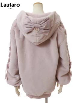 Lautaro Autumn Winter Thick Warm Sweet Cute Pink Faux Fur Coat Hoodie Women with Bunny Ears Lace Up Loose Clothes Fluffy Jacket