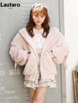 Lautaro Autumn Winter Thick Warm Sweet Cute Pink Faux Fur Coat Hoodie Women with Bunny Ears Lace Up Loose Clothes Fluffy Jacket