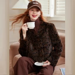 Louis Yao Ladies' Elegant Style Coat 2025 Autumn Winter V-Neck Regular Shoulder Sleeves Faux Mink Fur Pattern Print Women's Coat