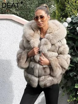 DEAT Fashion Imitation Fox Fur Grass Jacket Women's Hooded Loose Long Sleeves Patchwork Plush Thick Coat Winter New 7A975