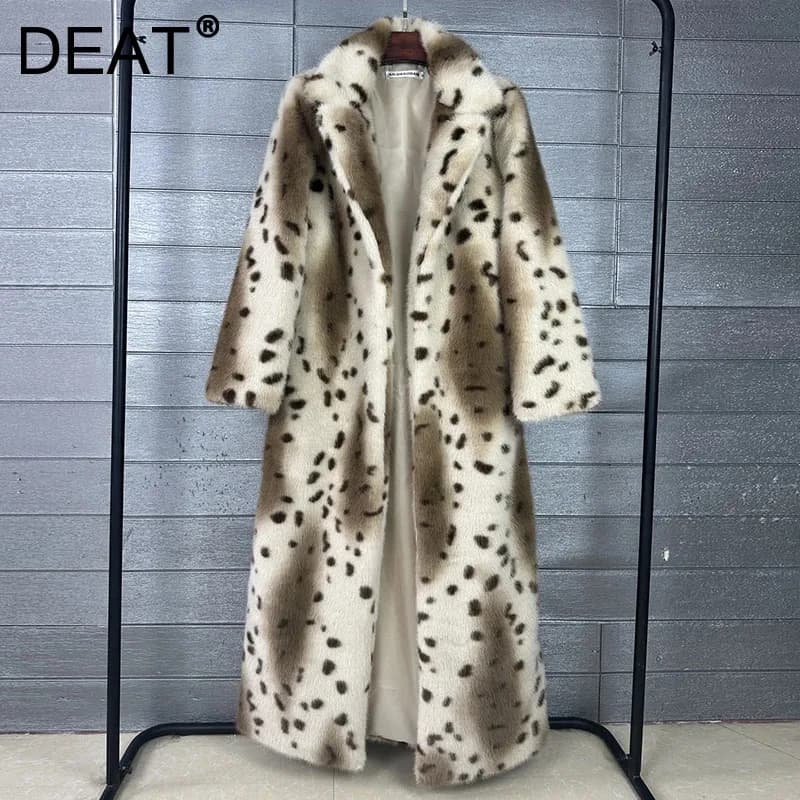 DEAT 2026 Winter Fashion Imitation Fur Leopard Pattern Coat For Women Notched Collar Long Style Notched Collar Jacket 11B9518