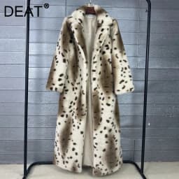 DEAT 2026 Winter Fashion Imitation Fur Leopard Pattern Coat For Women Notched Collar Long Style Notched Collar Jacket 11B9518