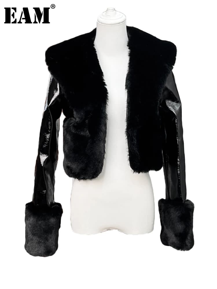 [EAM] Black Brief Short Slim Elegant Faux Fur Jacket New Lapel Long Sleeve Women Coat Fashion Tide Autumn Winter 2026 1DJ8957