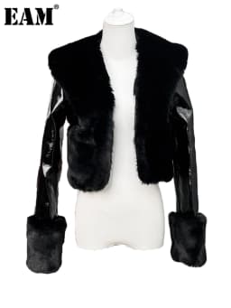 [EAM] Black Brief Short Slim Elegant Faux Fur Jacket New Lapel Long Sleeve Women Coat Fashion Tide Autumn Winter 2026 1DJ8957