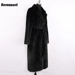 Nerazzurri Winter Long White Black Warm Fluffy Faux Fur Coat Women Long Sleeve Belt Lapel Stylish Korean Fashion without Buttons