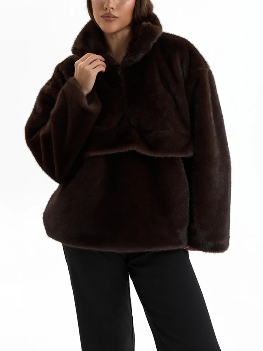 LIMO Ladies Half‑Zip Faux Fur Coat Stand Collar Casual Loose Fit Fashion Plush Outer Jacket With Pockets