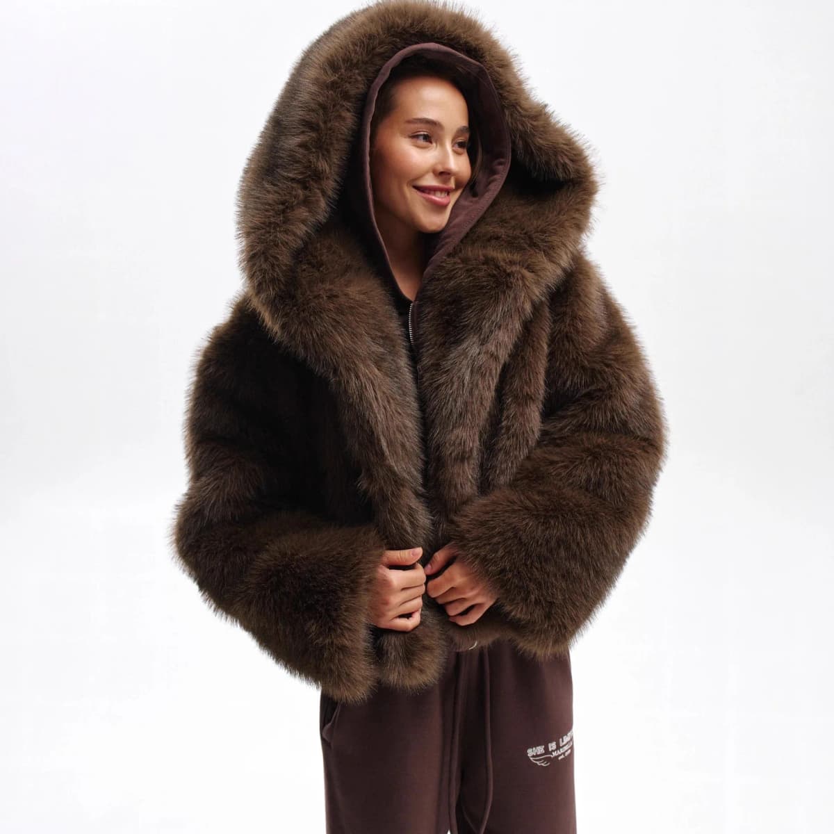 Women Faux Fur Short Coats Solid Hooded Jackets Long Sleeves Covered Button Thick Straight Office Lady Casual 2026 Autumn Winter