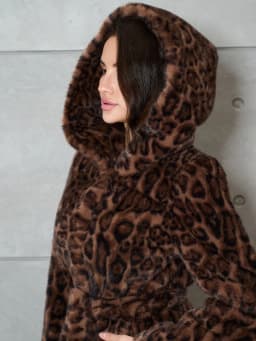 Faux Fur Women Long Coats Jackets Leopard Print Hooded Coat Y2k Streetwear Jacket Lace Up Belt Thick Warm Autumn Winter