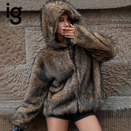 IG Women Hooded Furry Short Coat, Open Front Loose Oversized Jacket, Winter Warm Casual Outerwear Streetwear