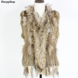 Harppihop Free shipping womens natural real rabbit fur vest with raccoon fur collar waistcoat/jackets rex rabbit knitted winte