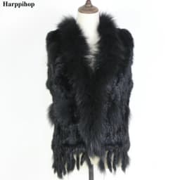 Harppihop Free shipping womens natural real rabbit fur vest with raccoon fur collar waistcoat/jackets rex rabbit knitted winte